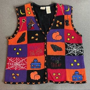 Halloween Sweater Vest Patchwork Orange Black Purple Spooky Bobbie Brooks Sz XL.
